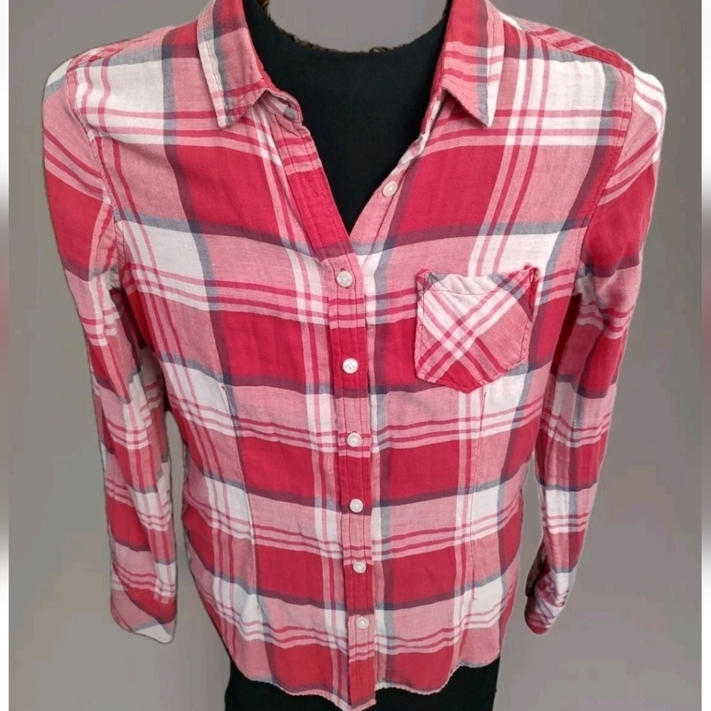 Vtg 09' American Eagle Women's 12 Dark Pink Plaid Long Sleeve Lined Button Up - Picture 5 of 16